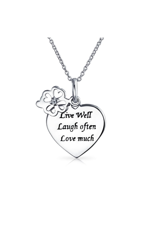 Womens Live Love Laugh Heart Shape Pendant Necklace with Flower Charm Sterling Silver