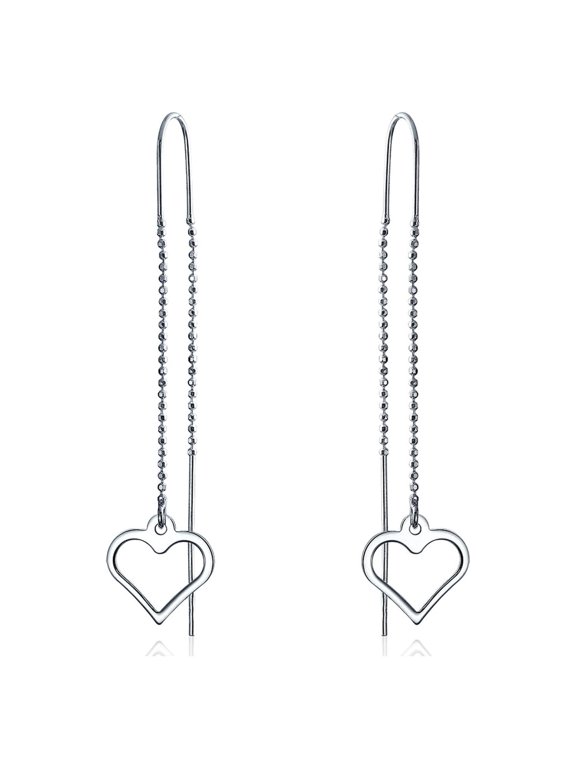 Womens Long Chain Heart Shape Threader Earrings Sterling Silver Stabilizing U Hook