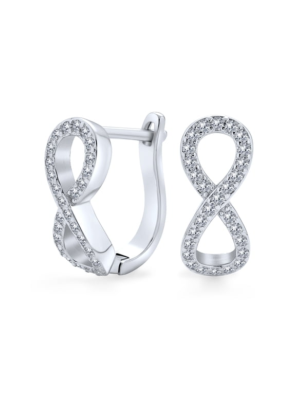 Womens Love Knot Infinity Huggie Earrings Pave CZ Sterling Silver Hinge Closure
