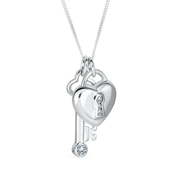 Bling Jewelry Womens Love Lock & Key Heart CZ Charm Pendant Necklace in Sterling Silver