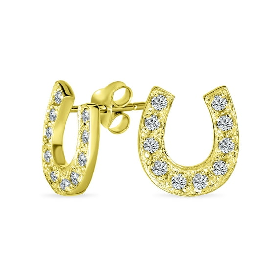 Bling Jewelry Womens Western Lucky Equestrian Horseshoe CZ Stud Earrings Gold
