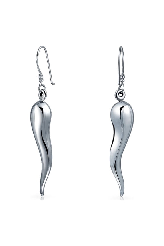 Womens Lucky Italian Horn Cornicello Style  Sterling Silver Dangle Earrings Polished
