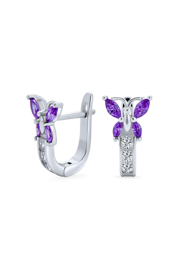 Womens Majesty Butterfly Huggies Purple White CZ Hoop Earrings