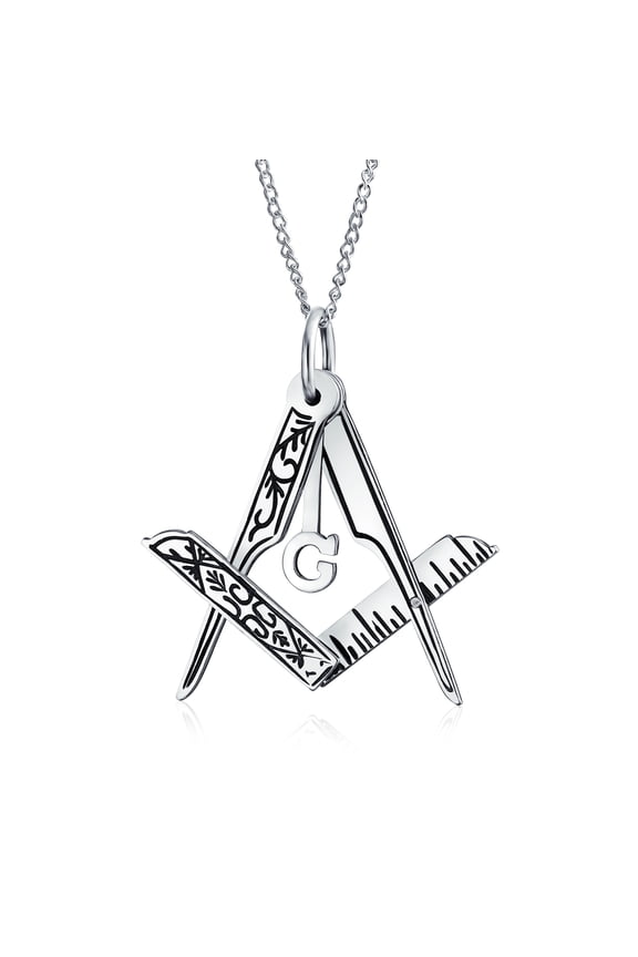 Womens Masonic Freemason Compass Pendant Necklace in Oxidized Sterling Silver Chain