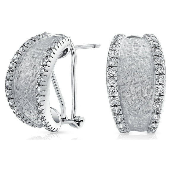 Bling Jewelry Womens Matte Hammered Shrimp Half Hoop Earrings Pave Edge Silver CZ