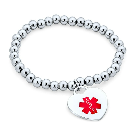 Bling Jewelry Womens Medical ID with Engraving Heart Charm and Stretch Bracelet Stainless Steel