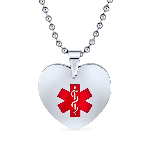 Bling Jewelry Womens Blank Heart Shape Medical Identification ID Necklace Pendant Stainless Steel