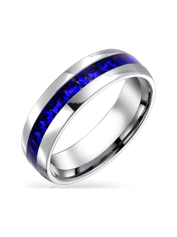 Womens Channel Set Dark Blue Crystal Birthstone Eternity Band Ring Stainless Steel