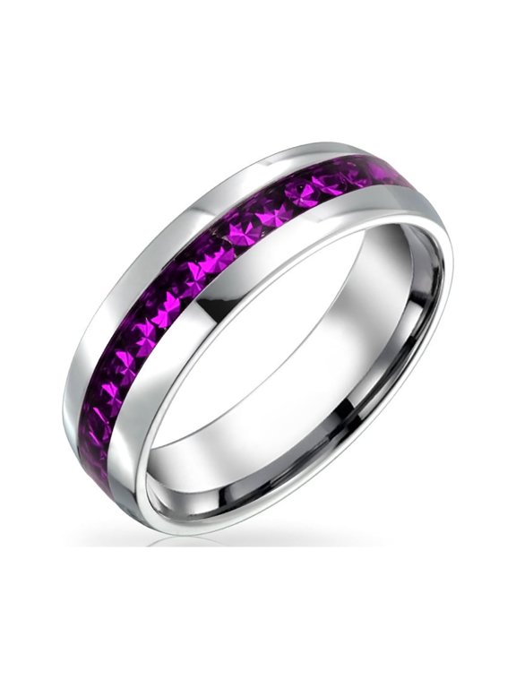 Womens Channel Set Purple Crystal Birthstone Eternity Band Ring Stainless Steel