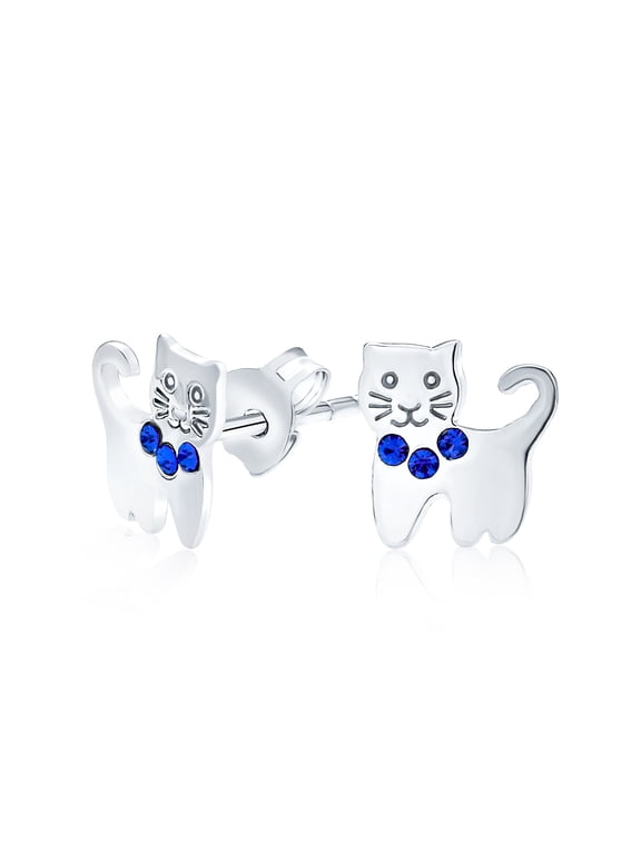 Womens Tiny Blue Crystal Accent Kitten Cat Stud Earrings .925 Sterling Silver