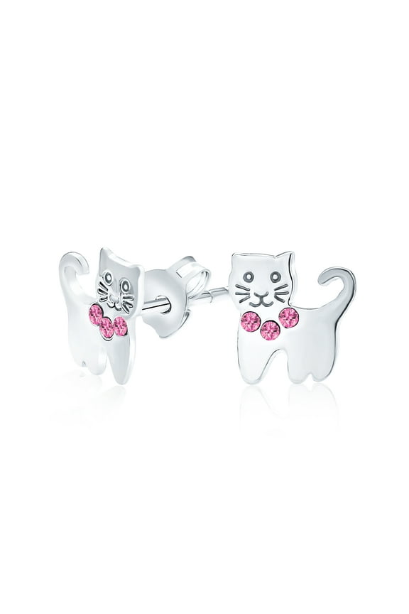 Womens Mini Petite Blue Pink Crystal Cat Stud Earrings in Sterling Silver