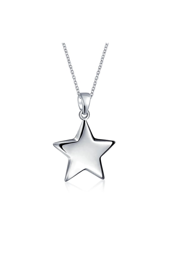 Womens Patriotic Celestial Rock Star Dangling Puff Star Pendant Necklace Sterling Silver