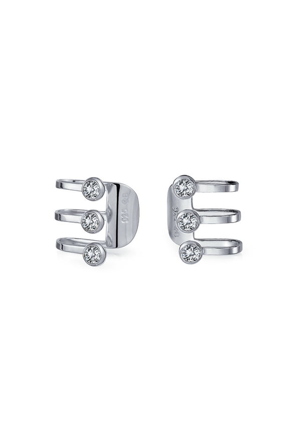 Womens CZ Bezel Triple Band Ear Cuff Cartilage Earrings Sterling Silver