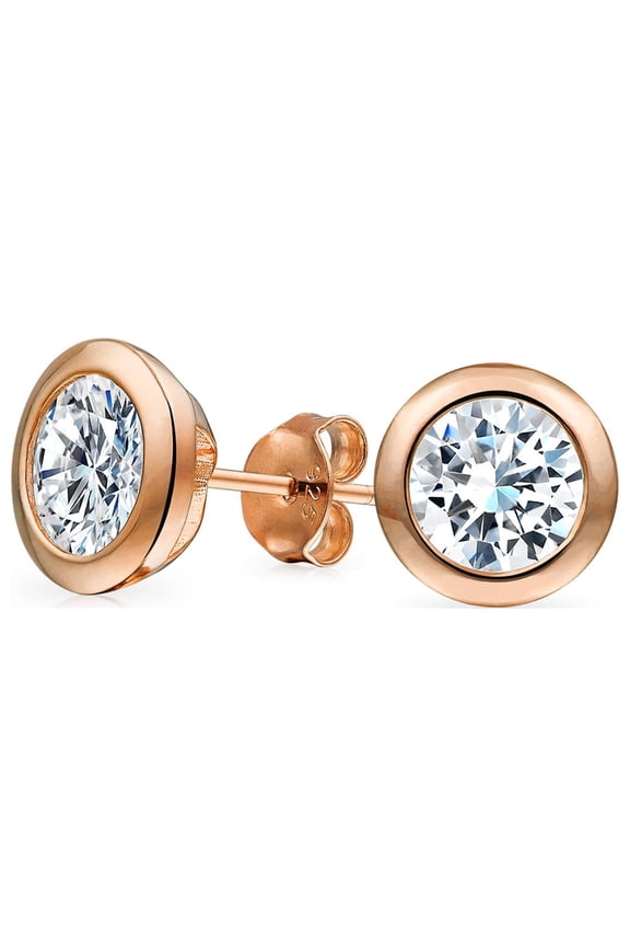 Womens  CZ Stud Earrings, Bezel Round Solitaire, Sterling Silver, 5-7 MM