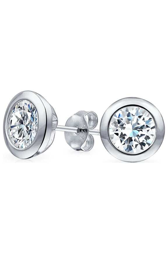 Womens CZ Stud Earrings, Bezel Round Solitaire, Sterling Silver, 5-7 MM
