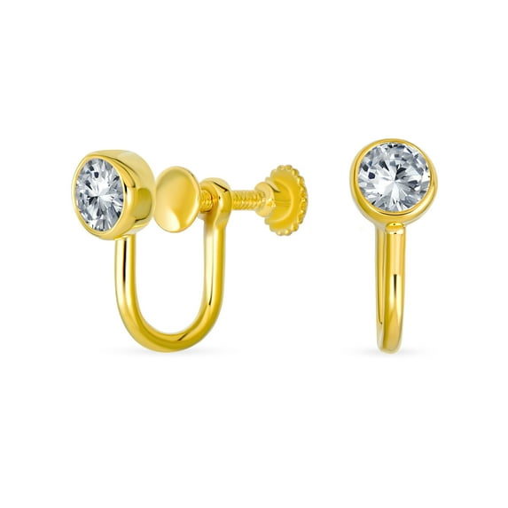 Bling Jewelry Womens Minimalist Clip-On Earrings with CZ Solitaire 14K Gold Plated 5MM