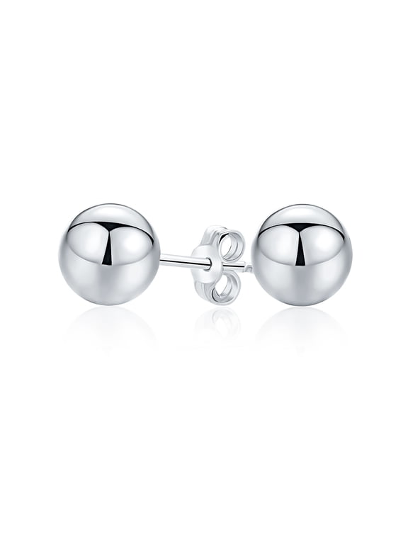 Womens Simple Round Bead Ball Stud Earrings Polish Sterling Silver 8MM