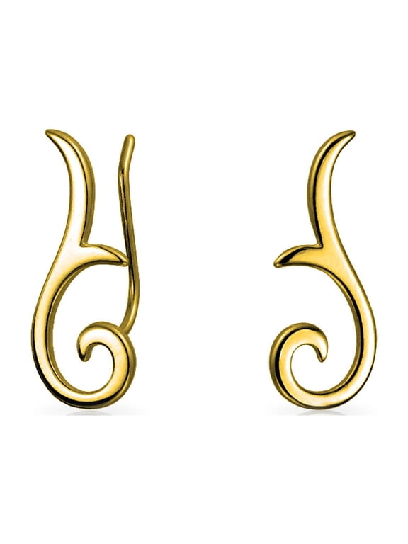 Womens Scroll Ear Pin Crawlers Climber Earrings Gold Plated .925 Sterling Silver