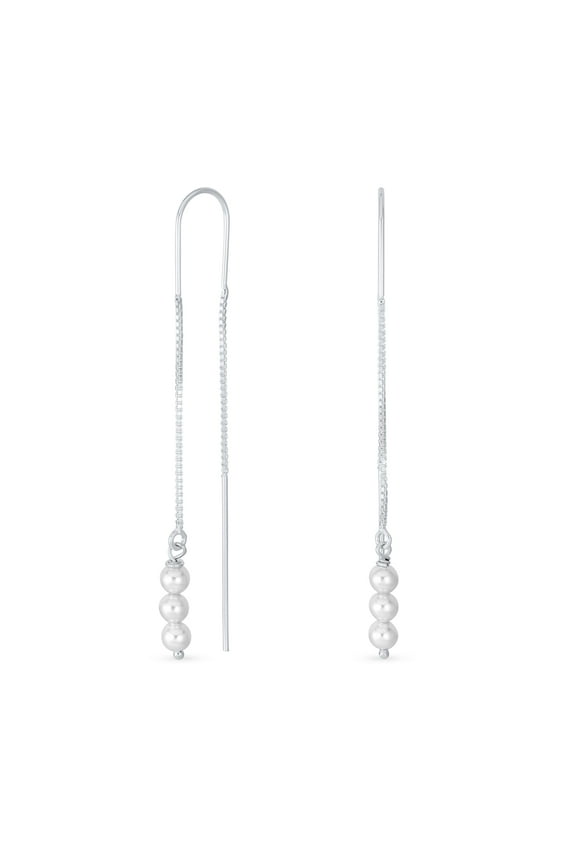 Womens Long Wire Hook Dangle Earrings with Three Simulated White Pearls Sterling Silver