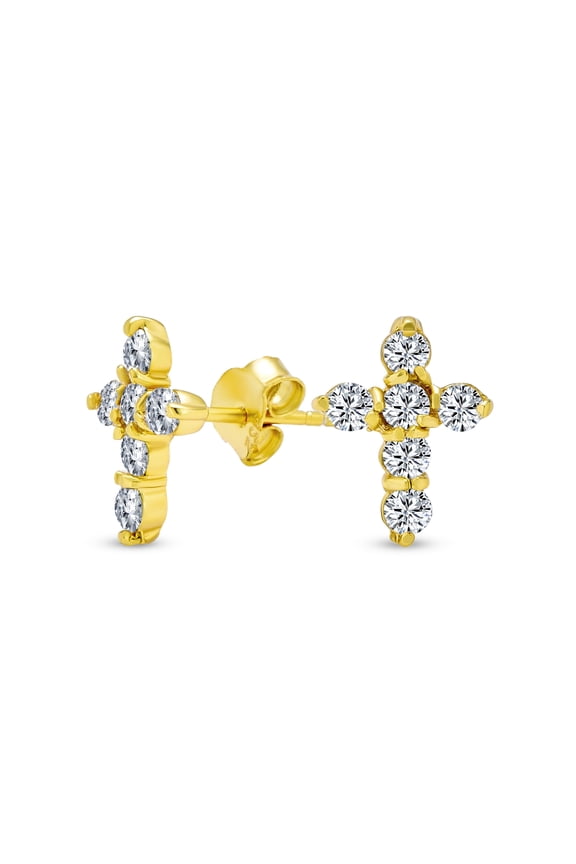 Womens Minimalist Petite CZ Cross Stud Earrings Unisex Gold Plated Sterling Silver