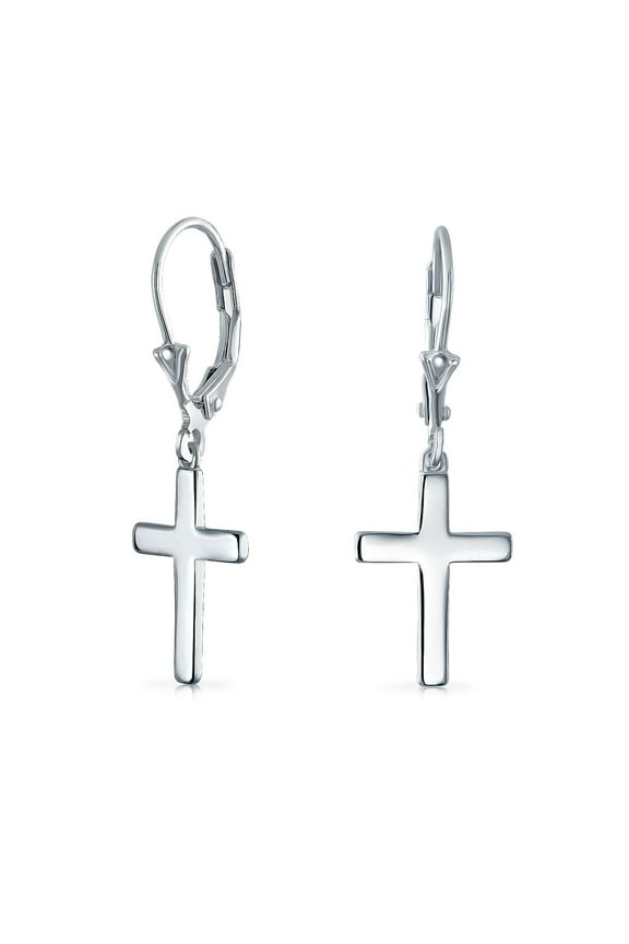Womens Minimalist Religious Cross Dangle Earrings Sterling Silver Leverback Leverback