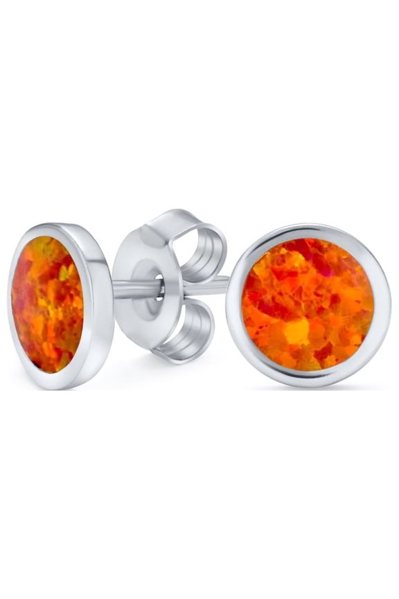 Womens Minimalist Round Orange Fire Opal Stud Earrings Gold Plated