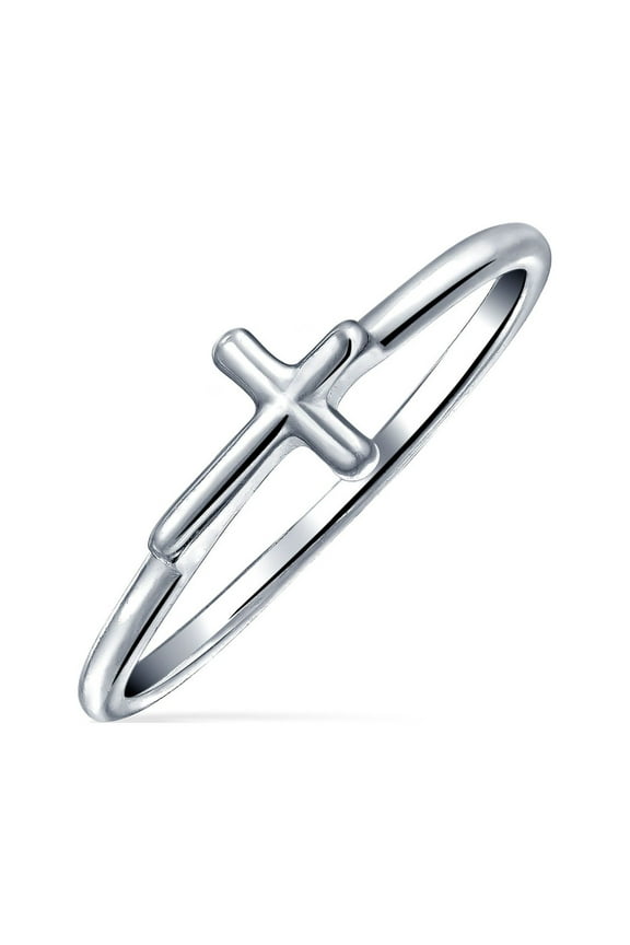Womens Tiny Stackable Religious Sideways Cross Ring 1MM Band .925 Sterling Silver