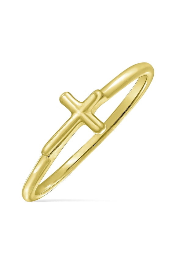 Womens Minimalist Thin 1MM Band Stackable Cross Midi Ring Gold Plated Sterling Silver