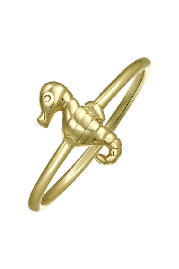 Womens Minimalist Silver Ring: Thin Band Stackable Nautical Seahorse Design 14K Gold Plated