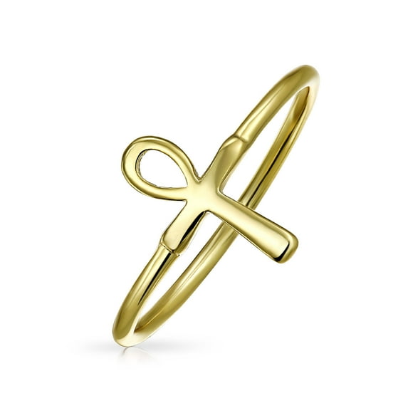 Bling Jewelry Womens Minimalist Silver Ring with Egyptian Ankh Cross 14K Gold Plated Sterling Band