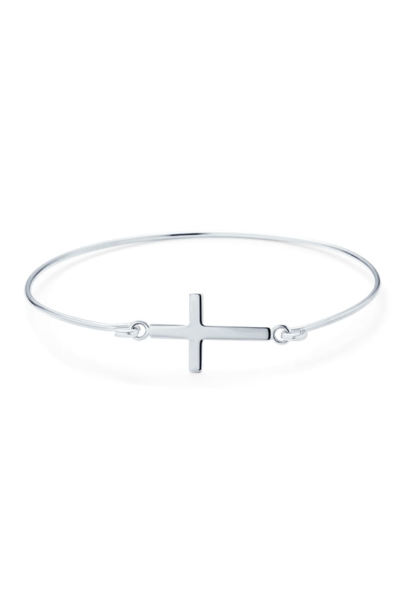 Womens Delicate Simple Religious Sideways Cross Bangle Bracelet .925 Sterling Silver