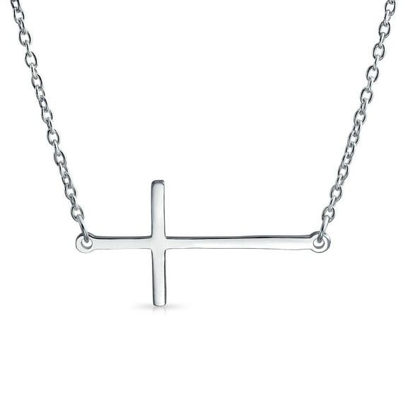 Bling Jewelry Womens Minimalist Created White Opal Flat Simple Plain Horizontal Sideways Cross Necklace Station Pendant .925 Sterling Silver