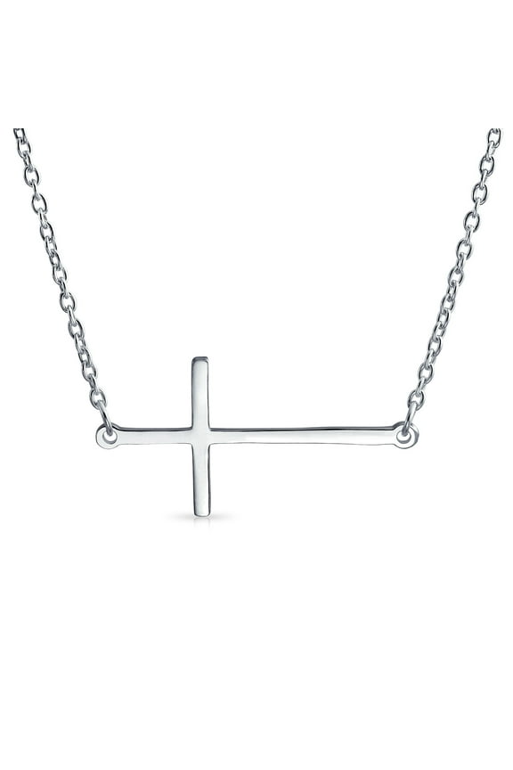 Womens Minimalist Created White Opal Flat Simple Plain Horizontal Sideways Cross Necklace Station Pendant .925 Sterling Silver