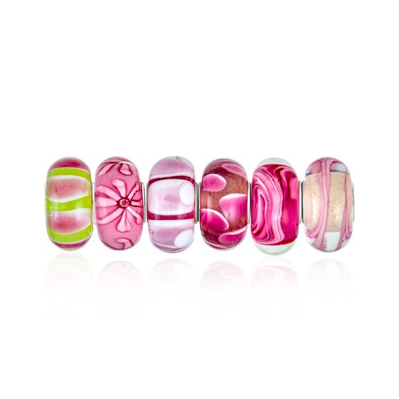 Bling Jewelry Womens Sterling Silver Mixed Set of White Green Pink Stripe Floral Glass Swirl Charm Bead for Bracelet