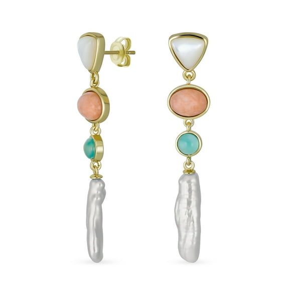 Bling Jewelry Womens Modern Bridal Dangle Gemstone Earrings with Tri Tone Pastel Gemstones & Pearls