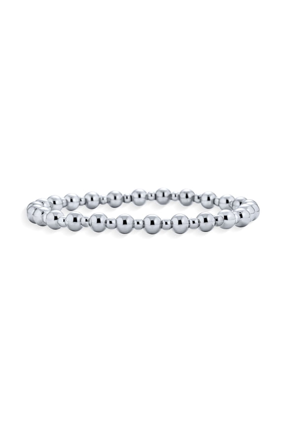 Womens Classic Round Alternating 3-5MM Ball Bead Stretch Bracelet .925 Sterling Silver