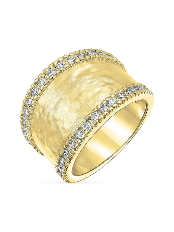 Womens Modern Fashion Matte Finish Hammered Band Ring CZ Accent Gold Plated