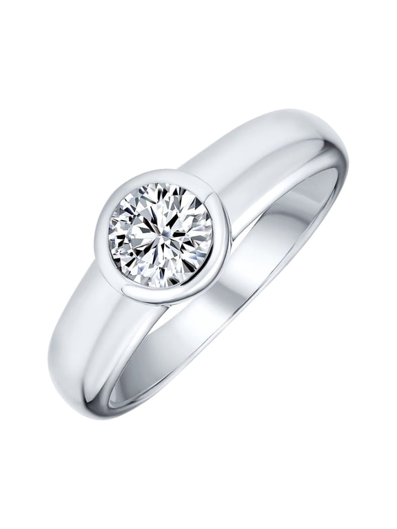 Womens Modern Simple 1CT CZ Bezel Set Solitaire Engagement Ring Sterling Silver