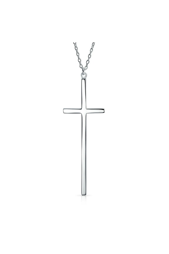 Womens Modern Elongated Thin Religious Cross Pendant Necklace Rose Gold Sterling Silver