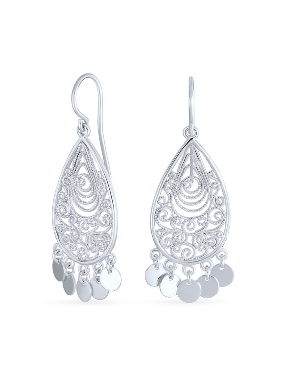 Womens Moroccan Style Filigree Teardrop Dangle Statement Earrings Sterling Silver
