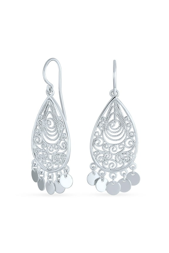 Womens Bali Style Teardrop Dangling Coins Statement Earrings Sterling Silver