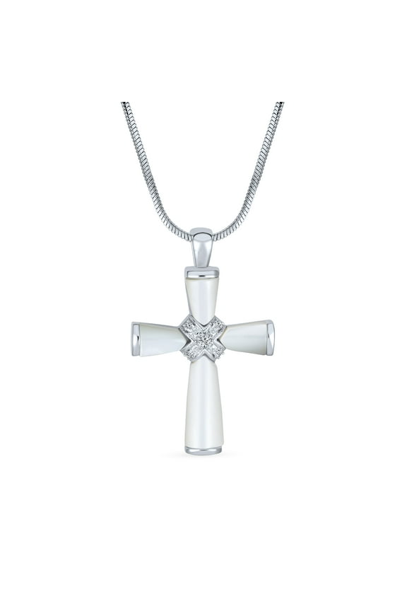 Womens Mother of Pearl Cross Pendant Necklace Silver Snake Chain