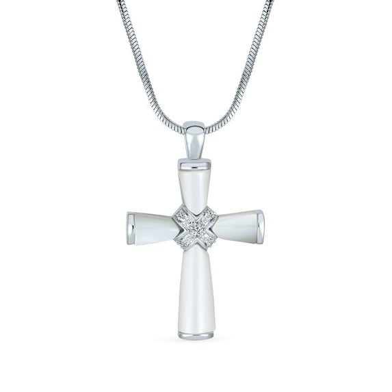 Bling Jewelry Womens Religious Mother of Pearl MOP Cross Pendant Necklace Rhodium Plated Brass Snake Chain Included