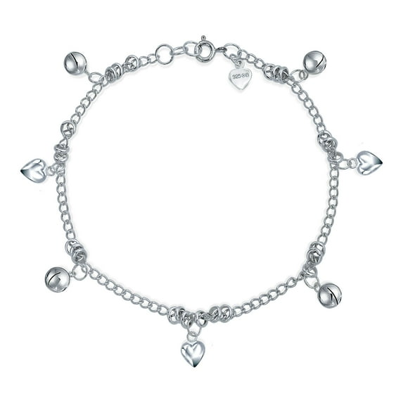 Bling Jewelry Womens Bells & Hearts Charm Anklet Pattilu India Style Ankle Bracelet Sterling Silver Size 9 To 9.5 Inch