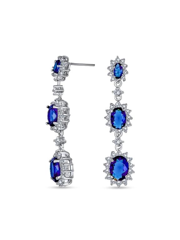 Womens Multi-Tier Oval Crown Halo Sapphire Blue CZ Statement Chandelier Earrings
