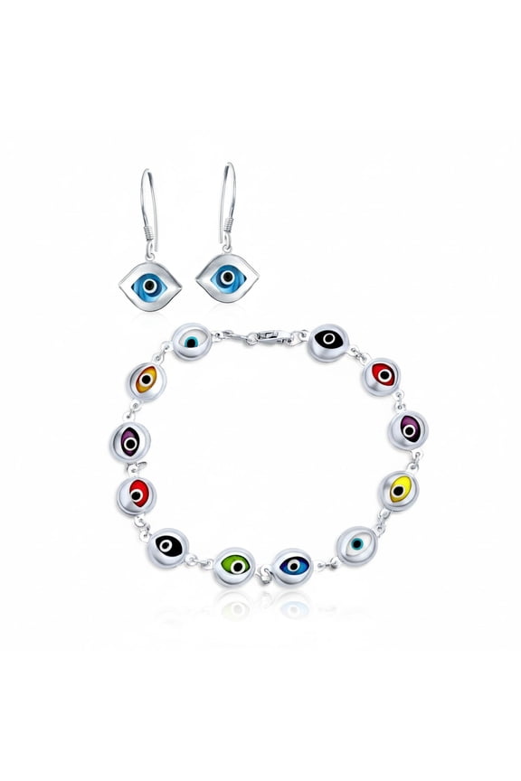 Womens Multicolor Evil Eye Bracelet & Blue Nazar Dangle Earrings Set Sterling Silver