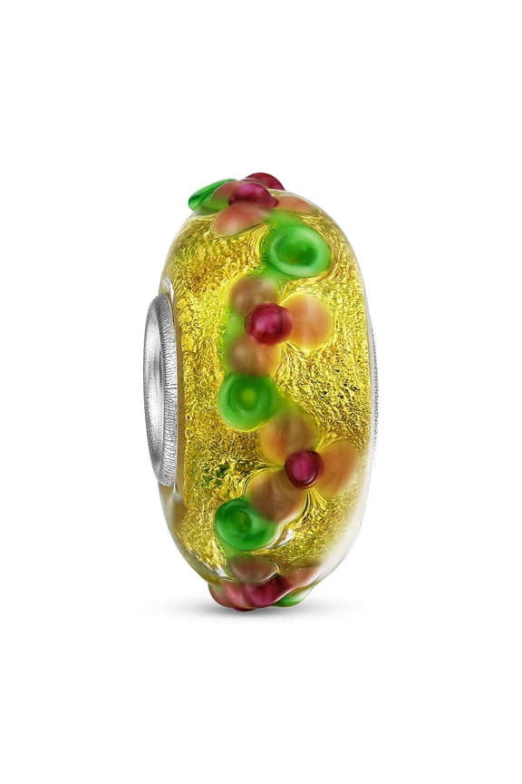 Womens Murano Glass Charm Bead 3D Lampwork Multi-Color Gold Foil Flower Silver Core