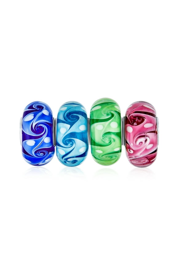 Womens Murano Glass Charm Bead Set Multi-Color Ocean Wave Swirl Sterling Silver Fit