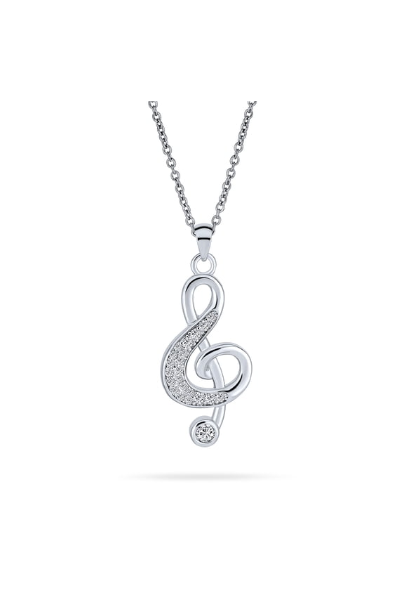 Womens Music Teacher Student Treble Clef Pendant Necklace with CZ Musical Note Silver