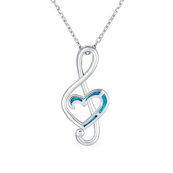 Bling Jewelry Womens Musical Created Blue Opal Heart Treble Clef Music Note Pendant Necklace .925 Sterling Silver